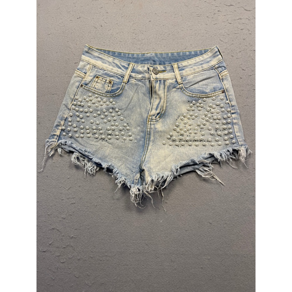 Unbranded Denim Shorts Pearl Rhinestone Light Wash Distressed W27 Womens